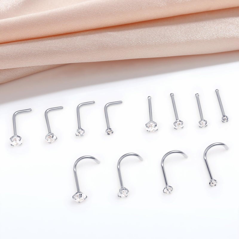 LFZFCXCYou 12 Pcs Silver Surgical Steel Diamond CZ Nose Rings Studs Set for Women Men 20G Nose Piercing Stud Silver Nose Studs Piercing Jewelry Gift for Women Men 0.8mm - Image 3