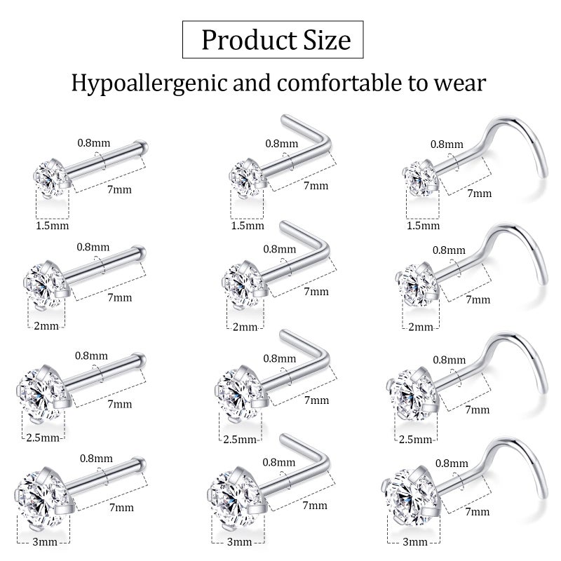 LFZFCXCYou 12 Pcs Silver Surgical Steel Diamond CZ Nose Rings Studs Set for Women Men 20G Nose Piercing Stud Silver Nose Studs Piercing Jewelry Gift for Women Men 0.8mm - Image 2
