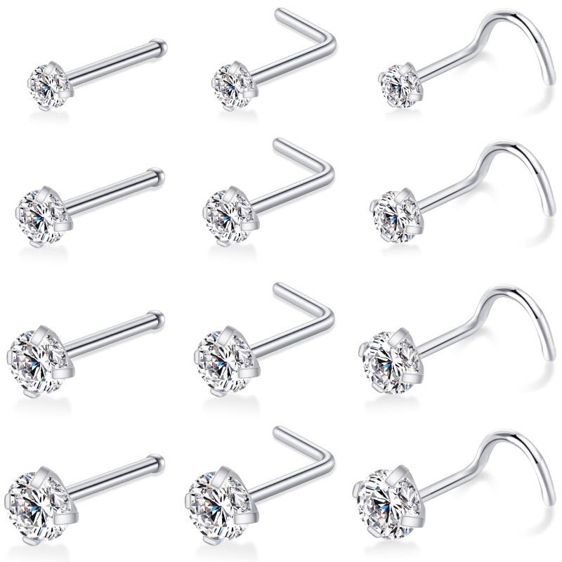 LFZFCXCYou 12 Pcs Silver Surgical Steel Diamond CZ Nose Rings Studs Set for Women Men 20G Nose Piercing Stud Silver Nose Studs Piercing Jewelry Gift for Women Men 0.8mm - Image 1