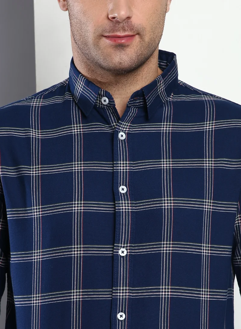 Dennis Lingo Slim Fit Navy Men's Checkered Shirt, Spread Collar, Full Sleeves, Cotton,