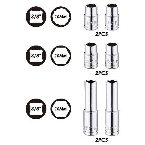 MIXPOWER 6PCS 3/8"Drive 10mm Deep&Shallow Socket, CR-V, Metric, Mirror Finish, 6 Point & 12 Point - Image 2