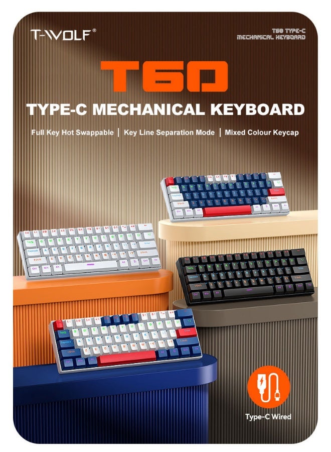ت-WOLF T60 لوحة مفاتيح ميكانيكية - لوحة مفاتيح صغيرة محمولة ذات ألوان مزدوجة RGB تدعم الإزالة الساخنة - Image 3