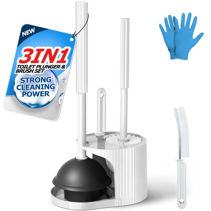 FORASTO 3 in 1 Toilet Brush and Plunger Set,Toilet Bowl Brush Plunger Set,Toilet Brush Plunger Combo,Cleaning Brush,Cleaning Supplies, Crevice Cleaning Brush, Bathroom Cleaning Tools, White - Image 1