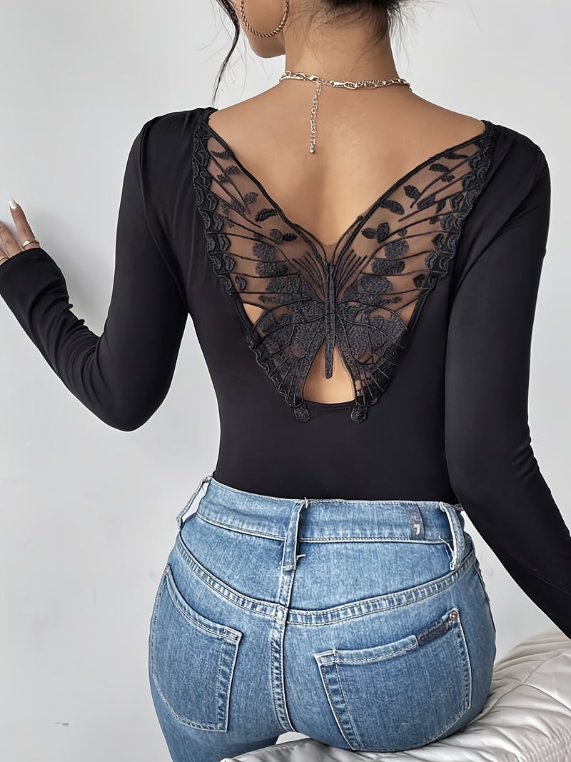 Backless Lace Long Sleeve T-Shirt Elegant Slim Fit Top - Image 2