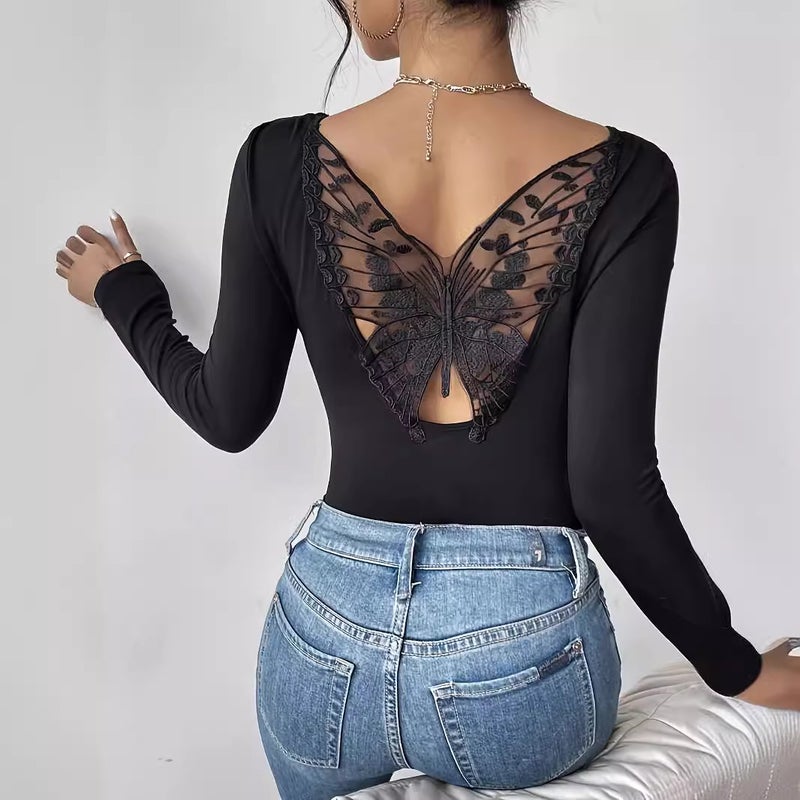 Backless Lace Long Sleeve T-Shirt Elegant Slim Fit Top - Image 1