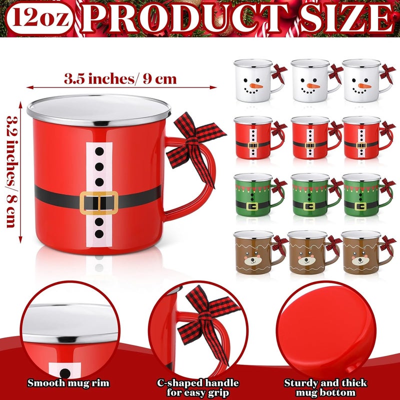 Shellwei 12 Pcs Christmas Enamel Mugs Xtmas Party Decor Snowflake Santa Elf Snowman Coffee Mug Set 12 oz Metal Enamel Cups Bulk for Home Diner Birthday - Image 2