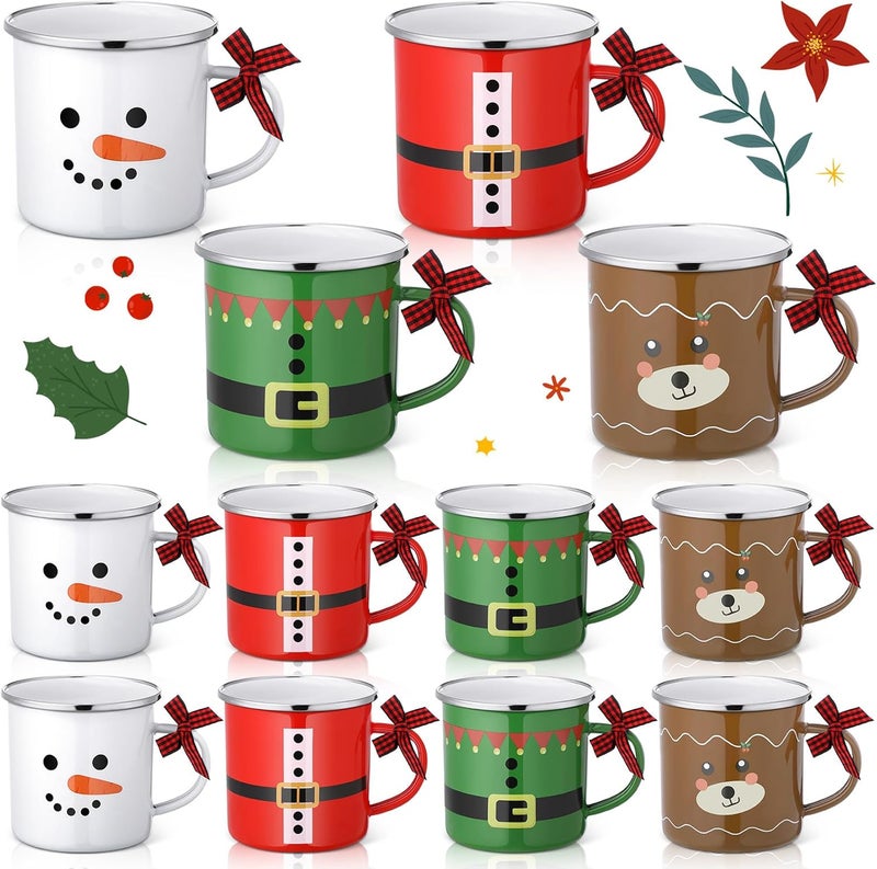 Shellwei 12 Pcs Christmas Enamel Mugs Xtmas Party Decor Snowflake Santa Elf Snowman Coffee Mug Set 12 oz Metal Enamel Cups Bulk for Home Diner Birthday - Image 1