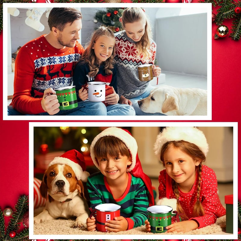 Shellwei 12 Pcs Christmas Enamel Mugs Xtmas Party Decor Snowflake Santa Elf Snowman Coffee Mug Set 12 oz Metal Enamel Cups Bulk for Home Diner Birthday - Image 4