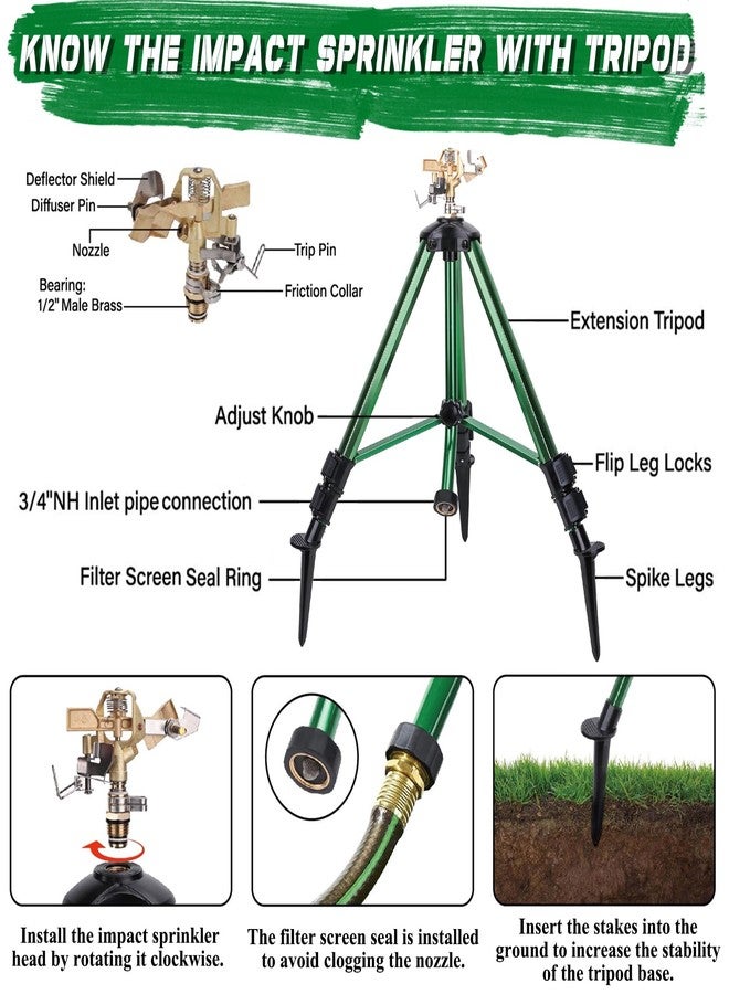 Triumpeek 2 Pack Impact Sprinkler on Tripod Base with Stakes, 360 Degree Large Area Coverage Irrigator with Extension Legs, Adjustable Brass Sprinkler Head Nozzle and 3/4" NH Inlet Hose Connection - Image 3