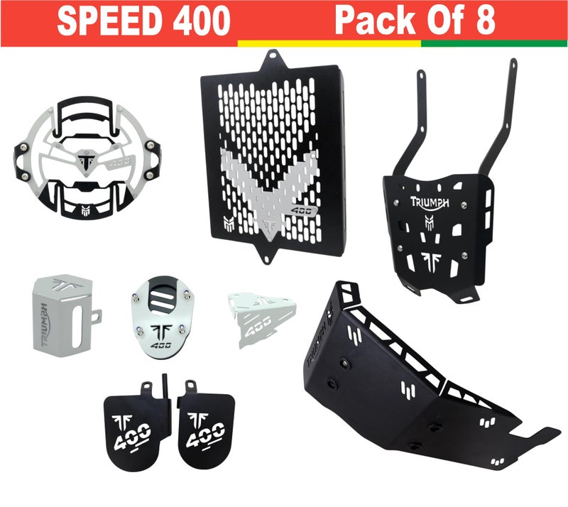 MILACHIN Triumph Speed 400 Motorcycle Protection Combo Kit 8-Piece Set Finish Black and Silver, Includes Back Carrier, Both Side Footrest, Sump Guard Easy Install for TriumphH Speed 400. - Image 2