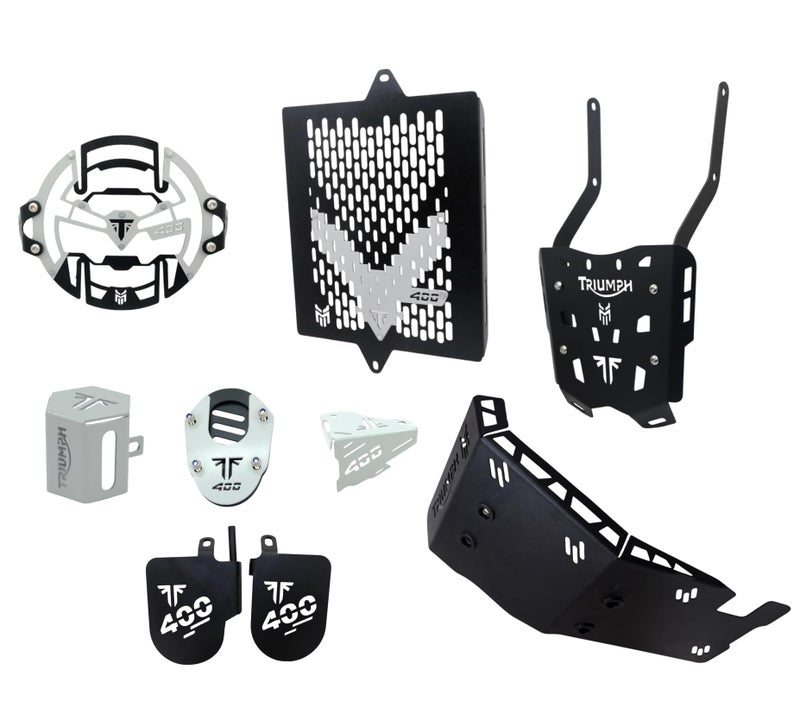 MILACHIN Triumph Speed 400 Motorcycle Protection Combo Kit 8-Piece Set Finish Black and Silver, Includes Back Carrier, Both Side Footrest, Sump Guard Easy Install for TriumphH Speed 400. - Image 1