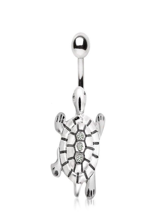 Pierced Owl Gemmed Turtle Belly Button Ring in 316L Stainless Steel with CZ Crystal Accents - Image 1