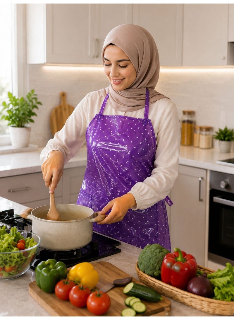 Waterproof cooking apron (6-piece set): An oil-resistant kitchen apron designed for household cooking and cleaning tasks; made from acid- and alkali-resistant plastic to provide protection for the wearer. Color: Purple. - Image 3
