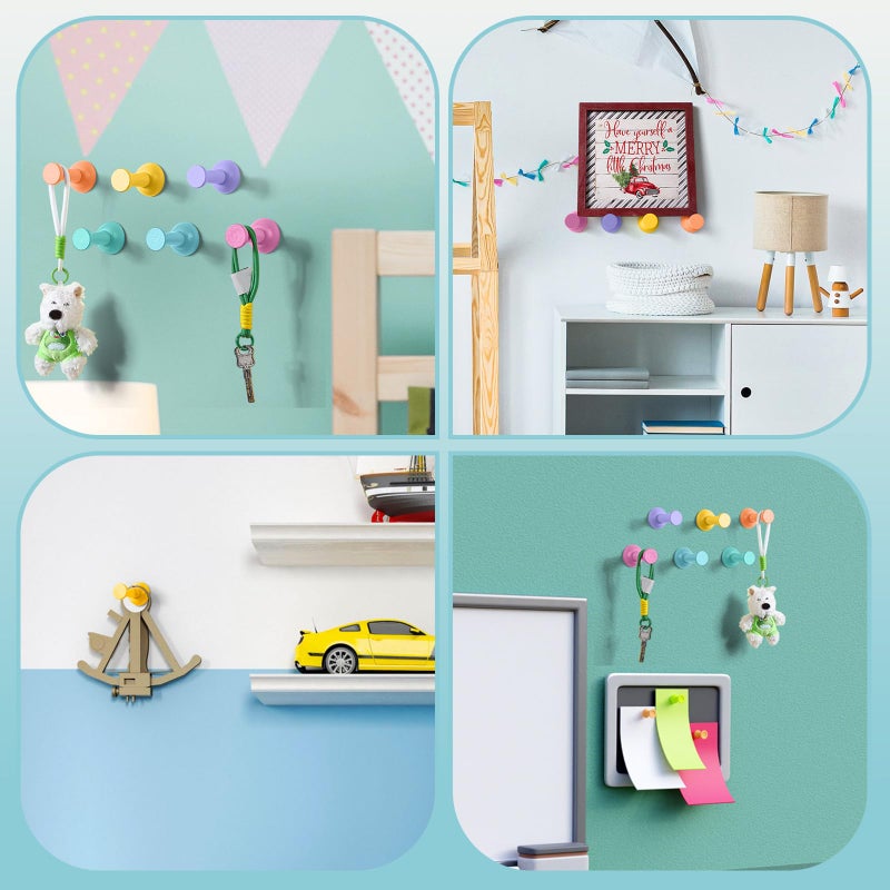 Otoolling 6 Pack Cute Wall Coat Hooks Colorful Wood Adhesive Coat Hanger Nordic Decorative Hooks for Classroom Bedroom Nursery Key Hat Hanging Rack(Macaron,Pushpin) - Image 5