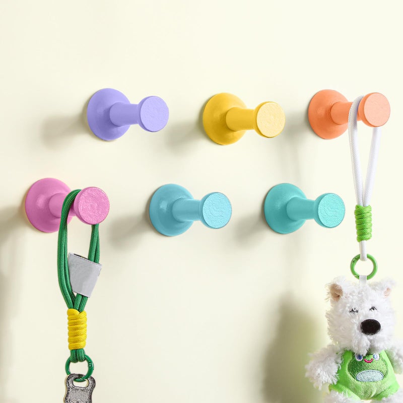 Otoolling 6 Pack Cute Wall Coat Hooks Colorful Wood Adhesive Coat Hanger Nordic Decorative Hooks for Classroom Bedroom Nursery Key Hat Hanging Rack(Macaron,Pushpin) - Image 1