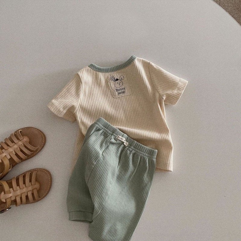 Baby patch contrast color suit summer thin toddler Korean style clothes baby boy short sleeve shorts two-piece suit Apricot + Green 