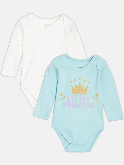 Broon Broon Infant Girls White and Sea Blue Printed Pure Organic Cotton Bodysuit Pack of 2