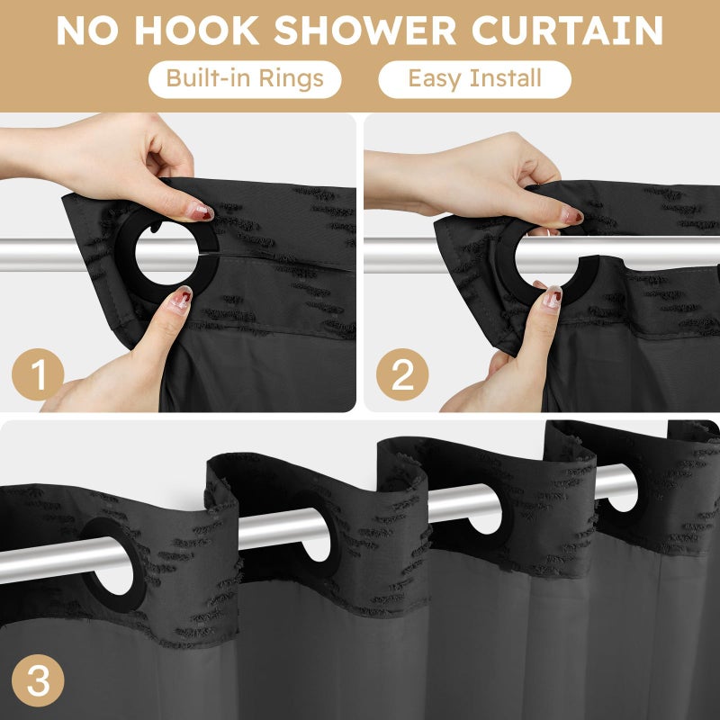 FADOTY No Hook Shower Curtain and Snap in Liner Set Black Tufted Chevron Striped Cloth Waterproof Washable Fabric Boho Farmhouse Bath Curtain See Through Mesh Top Window for Bathroom Hotel 71"" x 86"" - Image 2