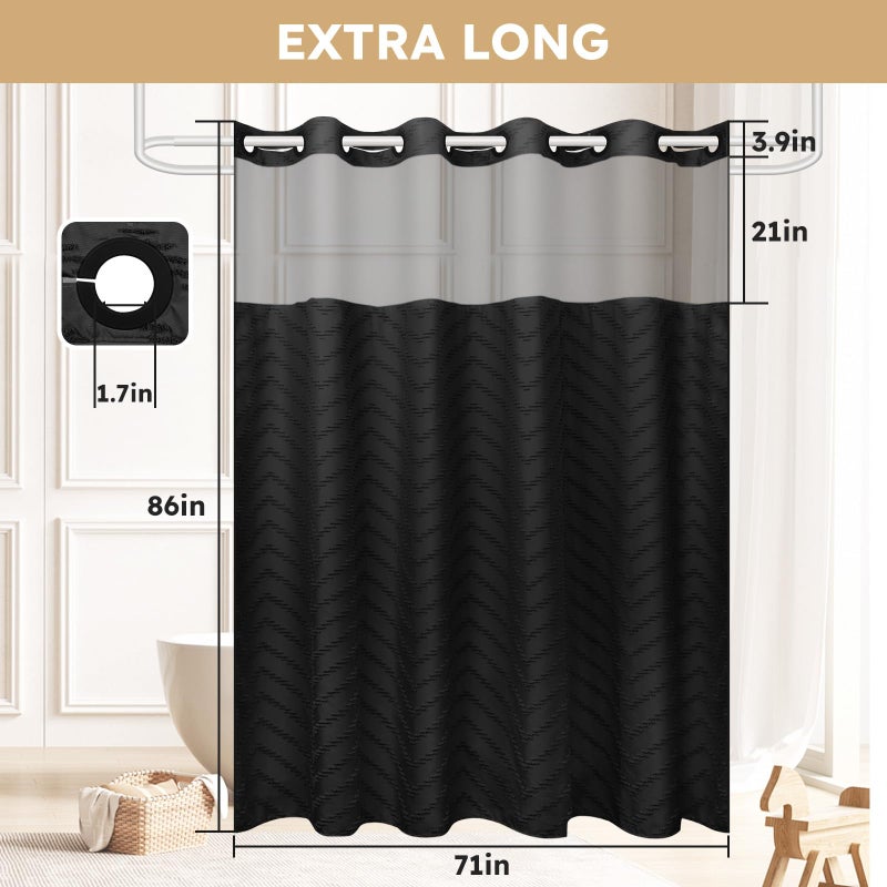 FADOTY No Hook Shower Curtain and Snap in Liner Set Black Tufted Chevron Striped Cloth Waterproof Washable Fabric Boho Farmhouse Bath Curtain See Through Mesh Top Window for Bathroom Hotel 71"" x 86"" - Image 5