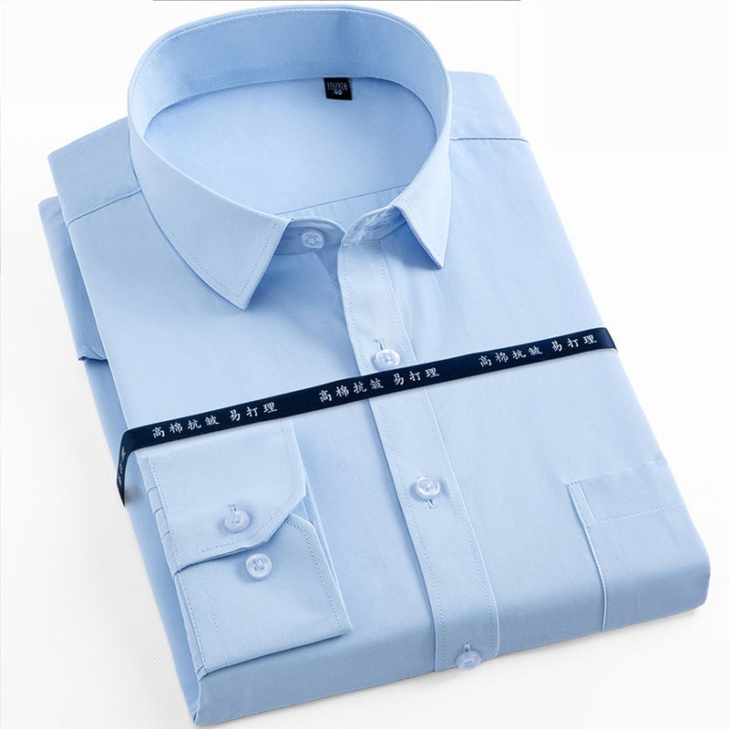 Mens Long Sleeve Business Shirt Non-Iron Blue Long Sleeve Pocket 