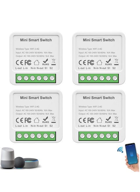 wifi smart switch module,Mini Smart Relay Switch,16A Universal Breaker Timer Switch Works with Alexa,Voice Control,Timer Function (Tuya 1 Gang, 4 pack)