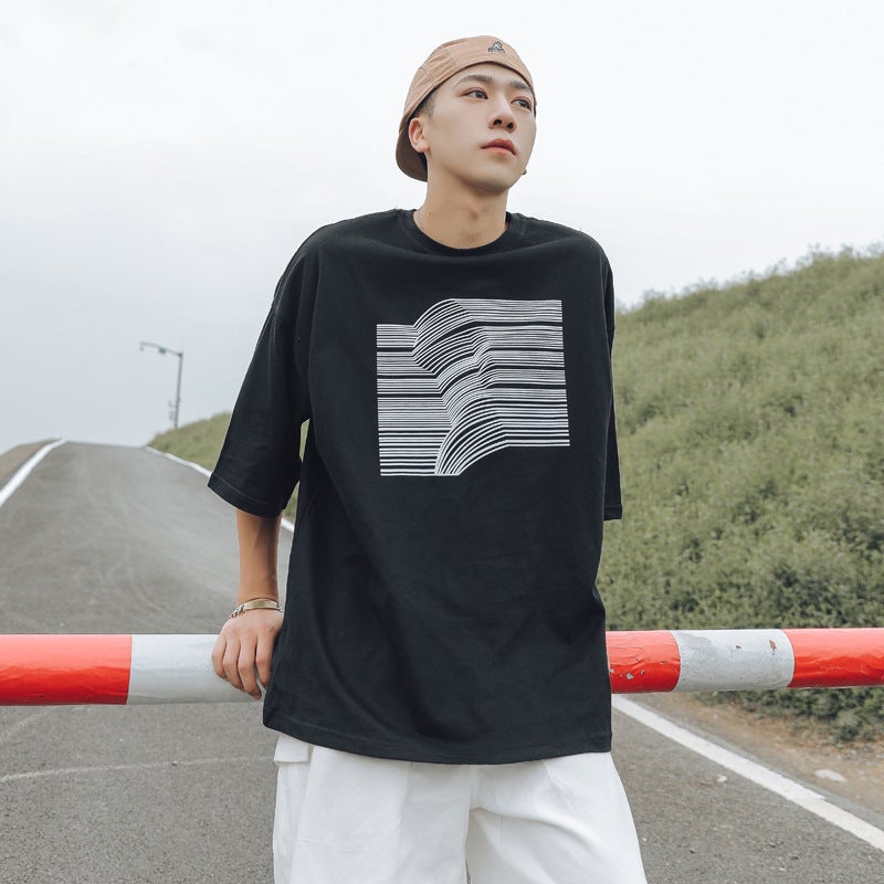 Summer Striped Printed Short-sleeved T-shirt Men's Fashionable Brand Handsome Round Neck Half-sleeved Loose ins T-shirt Half-sleeved Top - Image 1