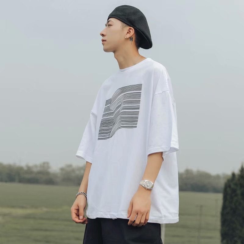 Summer Striped Printed Short-sleeved T-shirt Men's Fashionable Brand Handsome Round Neck Half-sleeved Loose ins T-shirt Half-sleeved Top - Image 3