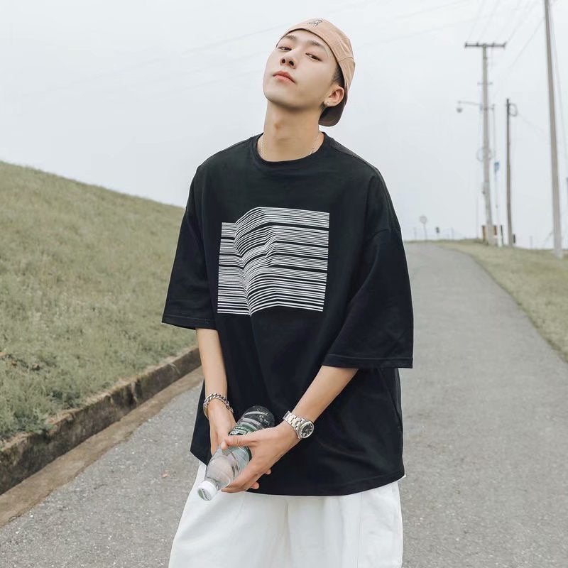 Summer Striped Printed Short-sleeved T-shirt Men's Fashionable Brand Handsome Round Neck Half-sleeved Loose ins T-shirt Half-sleeved Top - Image 2