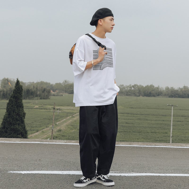 Summer Striped Printed Short-sleeved T-shirt Men's Fashionable Brand Handsome Round Neck Half-sleeved Loose ins T-shirt Half-sleeved Top - Image 5