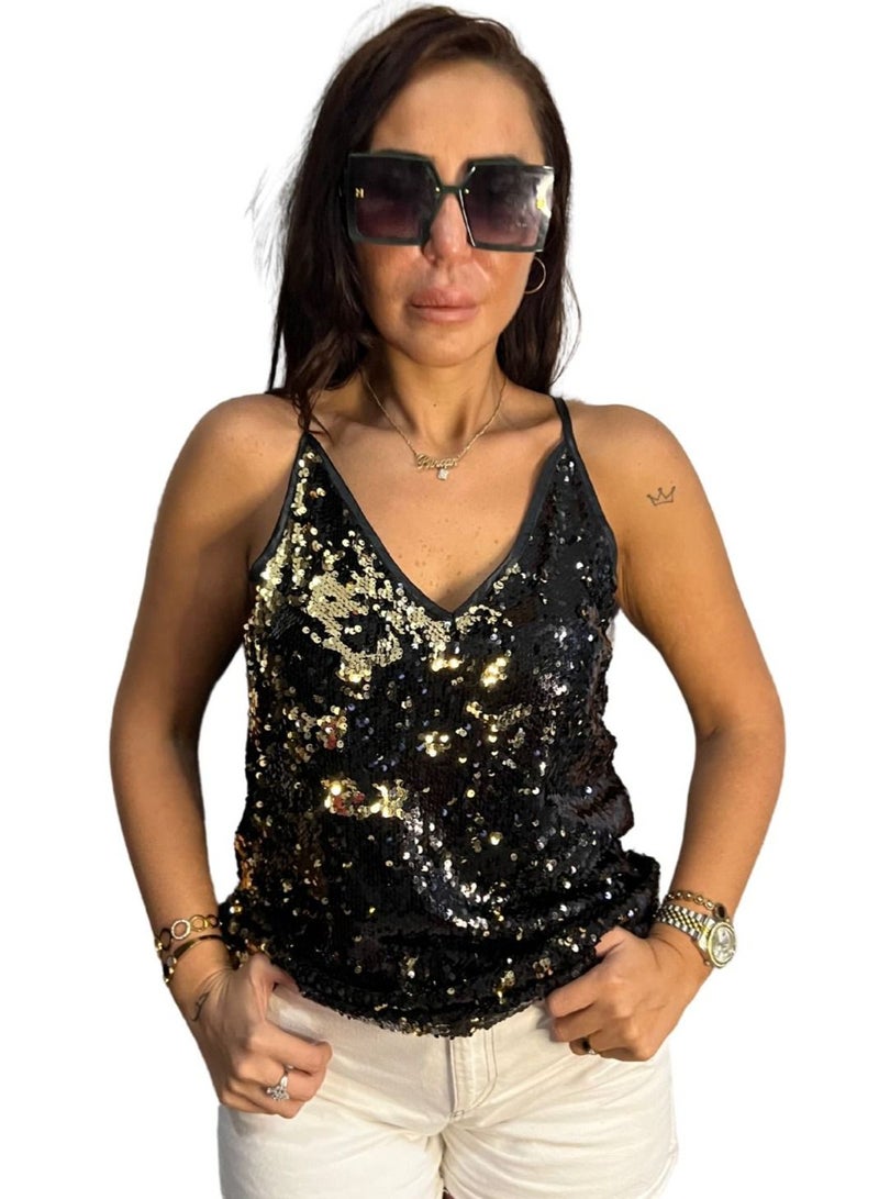 VENTIUP Sequin Blouse Black Gold - Image 4