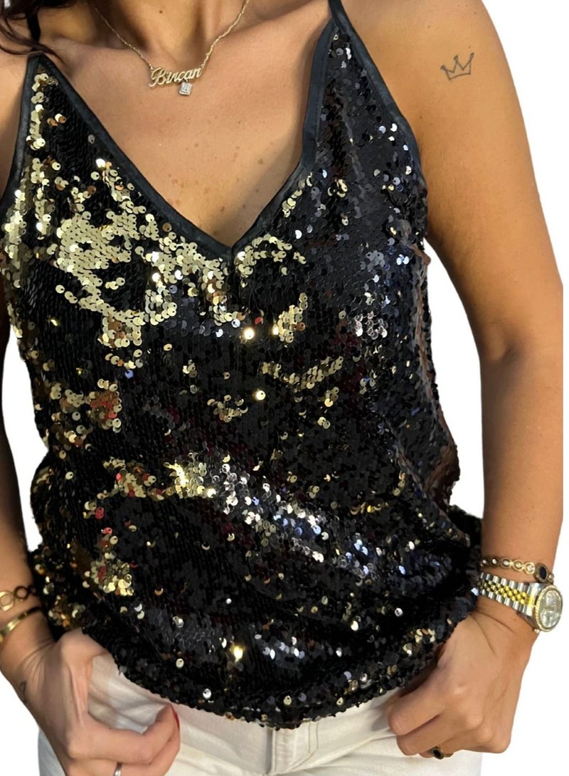 VENTIUP Sequin Blouse Black Gold - Image 2