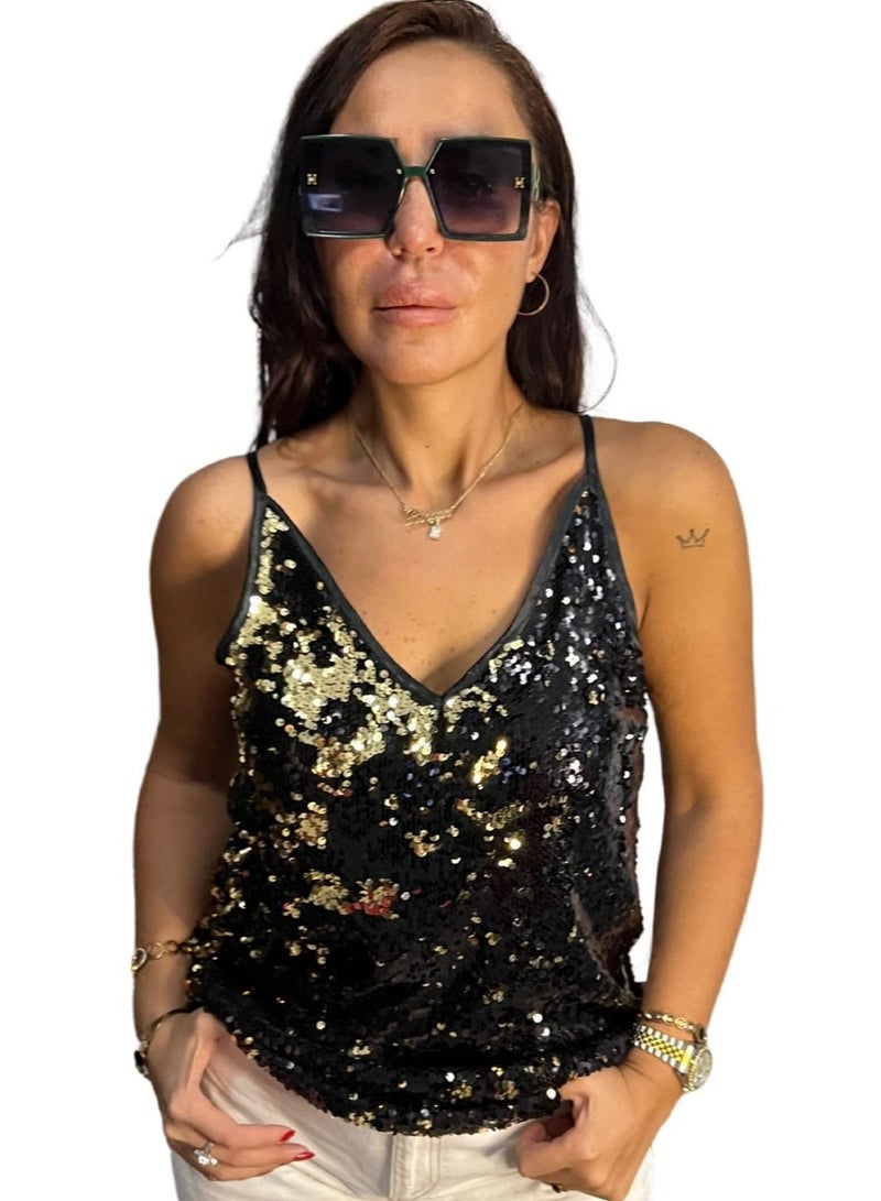 VENTIUP Sequin Blouse Black Gold - Image 1