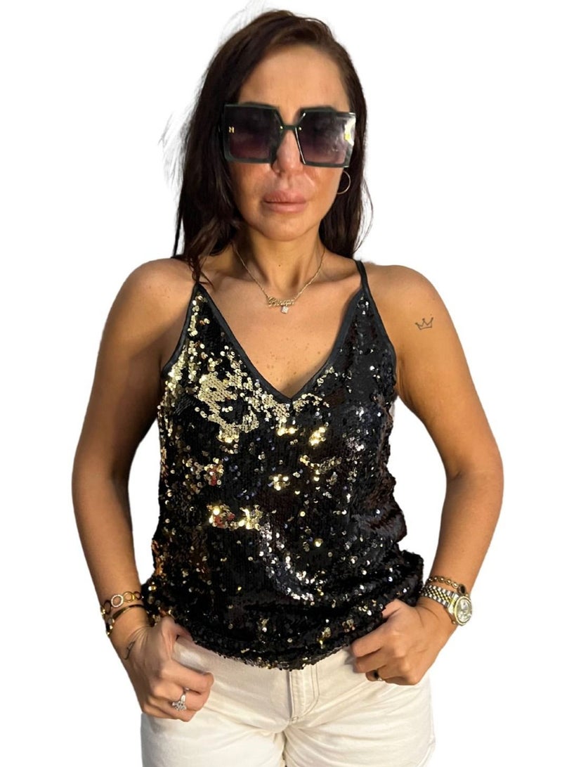 VENTIUP Sequin Blouse Black Gold - Image 5
