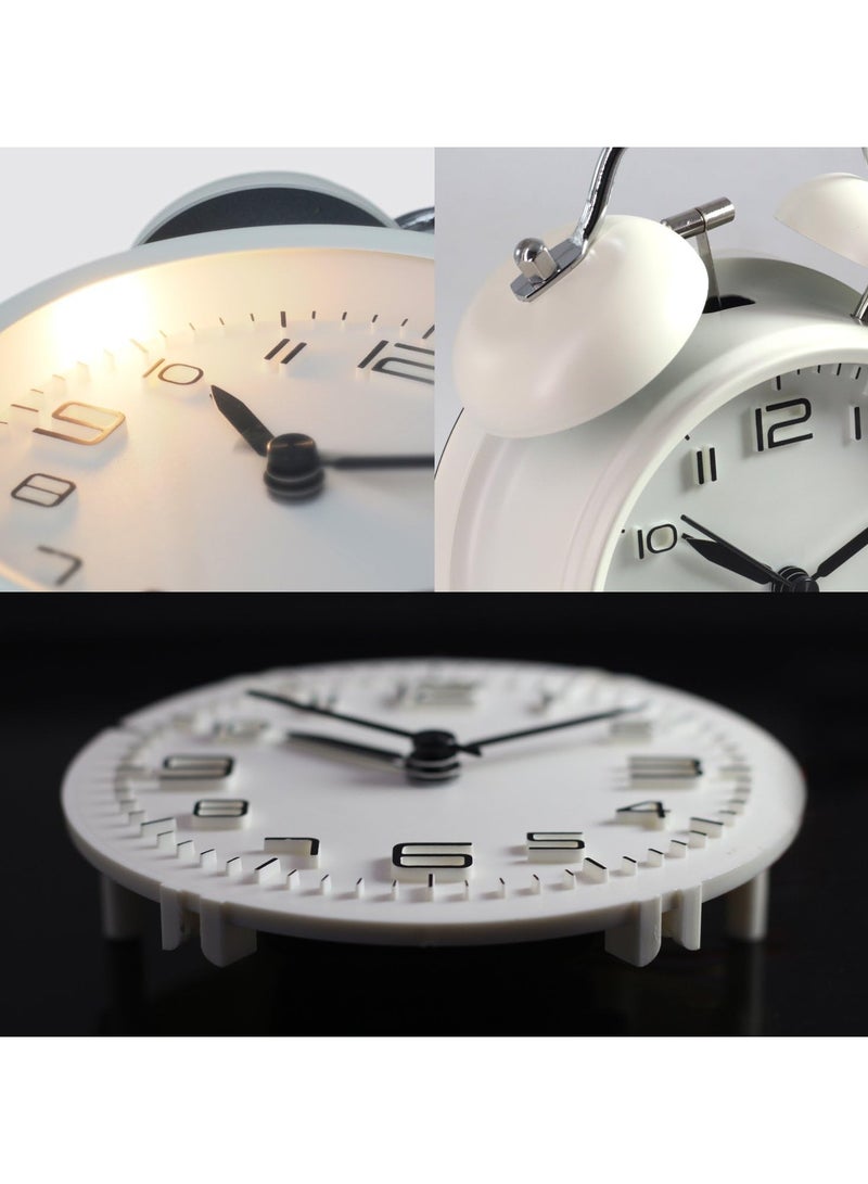 Non-Ticking Twin Bell Alarm Clock - Metal Frame 3D Dial with Backlight Function - Desk Table Clock for Home  Office - Milk White - Image 4
