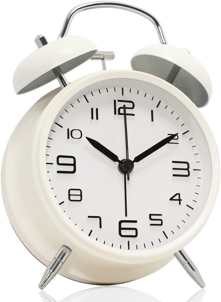 Non-Ticking Twin Bell Alarm Clock - Metal Frame 3D Dial with Backlight Function - Desk Table Clock for Home  Office - Milk White - Image 1