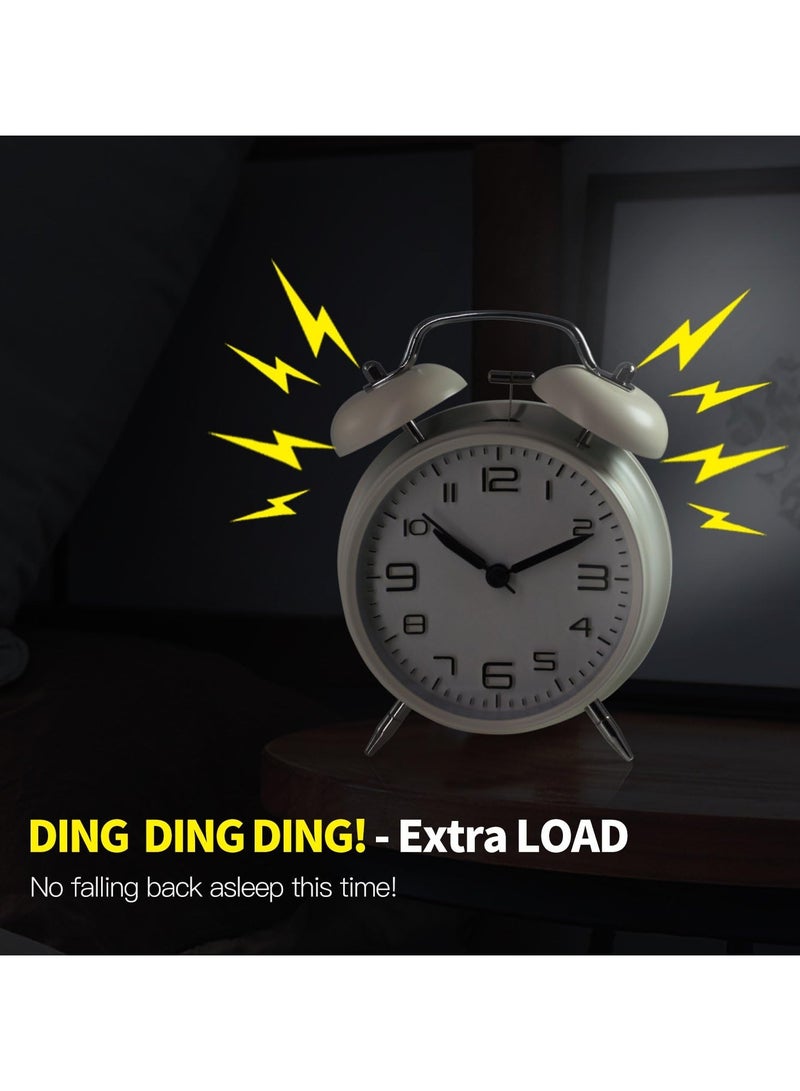 Non-Ticking Twin Bell Alarm Clock - Metal Frame 3D Dial with Backlight Function - Desk Table Clock for Home  Office - Milk White - Image 3