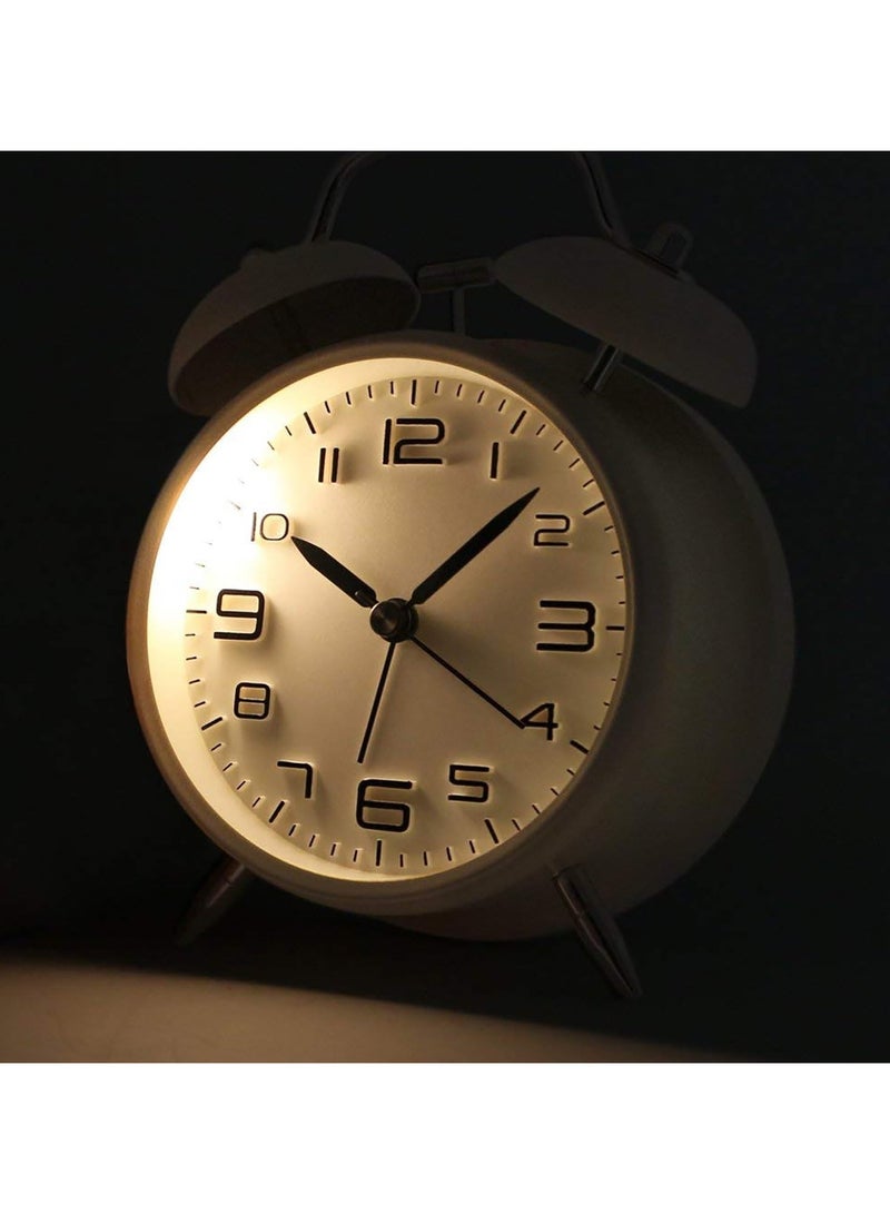 Non-Ticking Twin Bell Alarm Clock - Metal Frame 3D Dial with Backlight Function - Desk Table Clock for Home  Office - Milk White - Image 5
