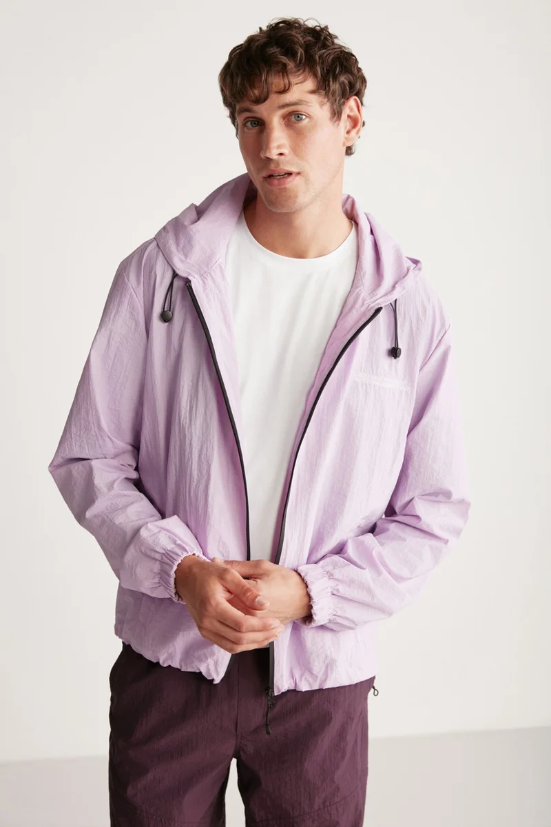 GRIMELANGE Anderson Men's Parachute Fabric Water Repellent Lined Lilac Raincoat with Pockets and Front Zipper