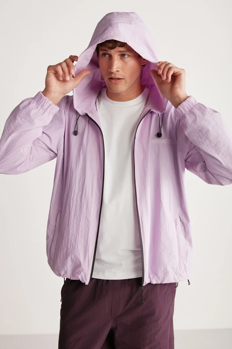 GRIMELANGE Anderson Men's Parachute Fabric Water Repellent Lined Lilac Raincoat with Pockets and Front Zipper
