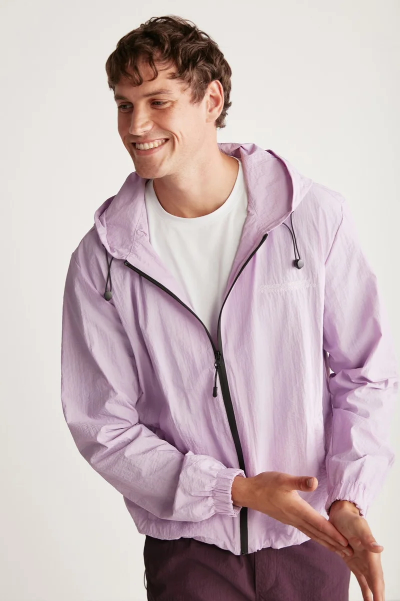 GRIMELANGE Anderson Men's Parachute Fabric Water Repellent Lined Lilac Raincoat with Pockets and Front Zipper