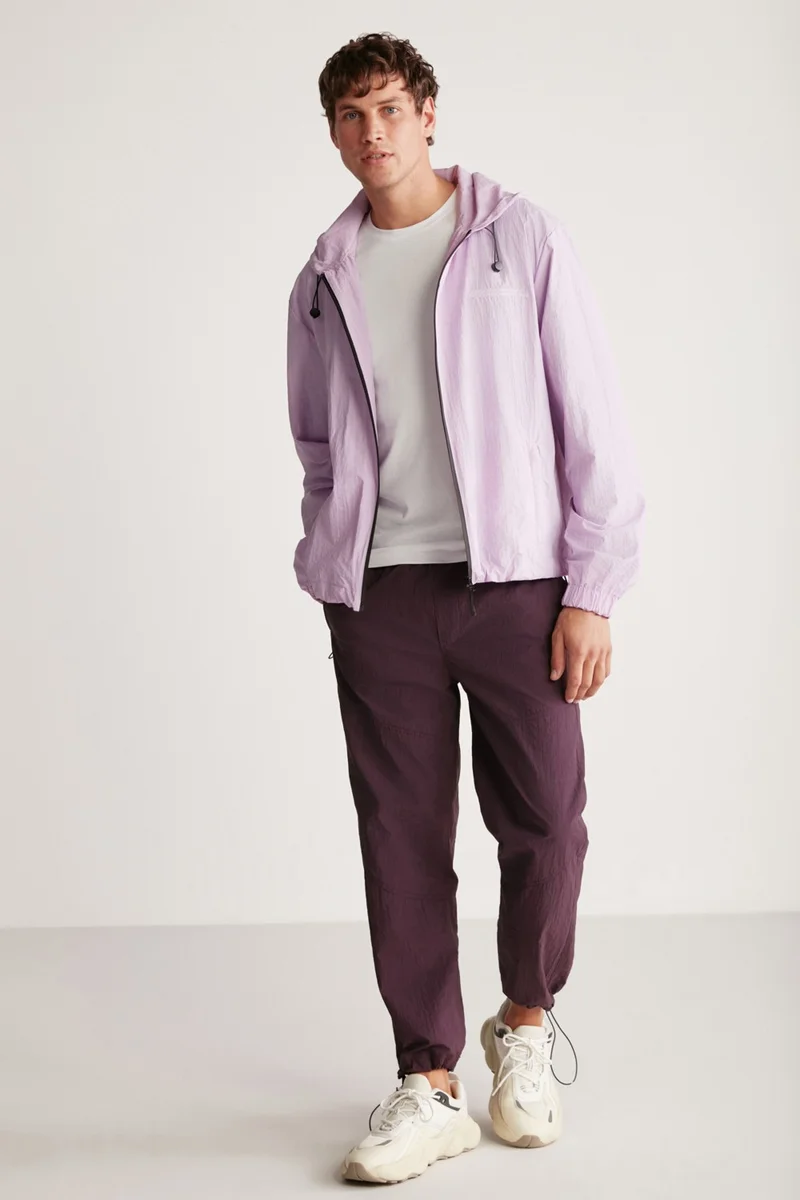 GRIMELANGE Anderson Men's Parachute Fabric Water Repellent Lined Lilac Raincoat with Pockets and Front Zipper