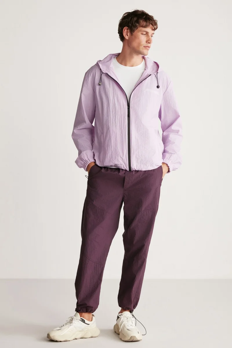 GRIMELANGE Anderson Men's Parachute Fabric Water Repellent Lined Lilac Raincoat with Pockets and Front Zipper