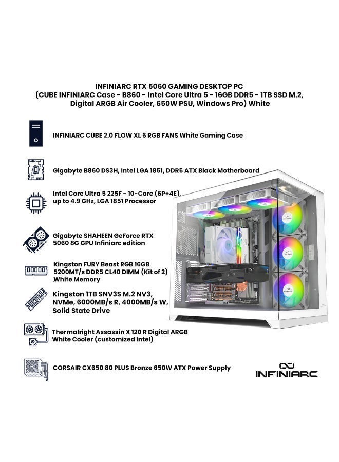 انفني ارك حاسوب ألعاب INFINIARC RTX 5060 المكتبي (هيكل مكعب، لوحة أم B860 DS3H، بطاقة رسومات RTX 5060 بسعة 8 جيجابايت، معالج Intel Core Ultra 5، ذاكرة RAM بسعة 16 جيجابايت DDR5، قرص SSD بسعة 1 تيرابايت M.2، مبرد هواء ARGB رقمي، مزود طاقة 650 واط، ويندوز برو) أبيض - Image 5