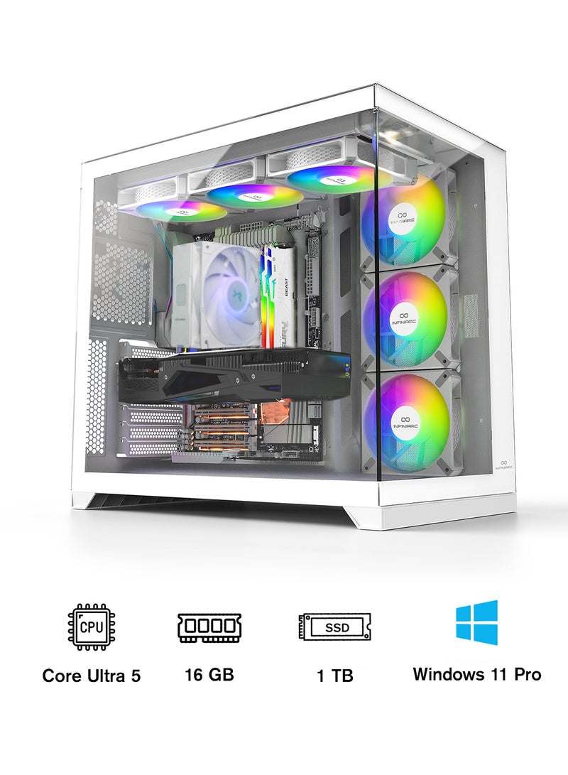 انفني ارك حاسوب ألعاب INFINIARC RTX 5060 المكتبي (هيكل مكعب، لوحة أم B860 DS3H، بطاقة رسومات RTX 5060 بسعة 8 جيجابايت، معالج Intel Core Ultra 5، ذاكرة RAM بسعة 16 جيجابايت DDR5، قرص SSD بسعة 1 تيرابايت M.2، مبرد هواء ARGB رقمي، مزود طاقة 650 واط، ويندوز برو) أبيض - Image 1