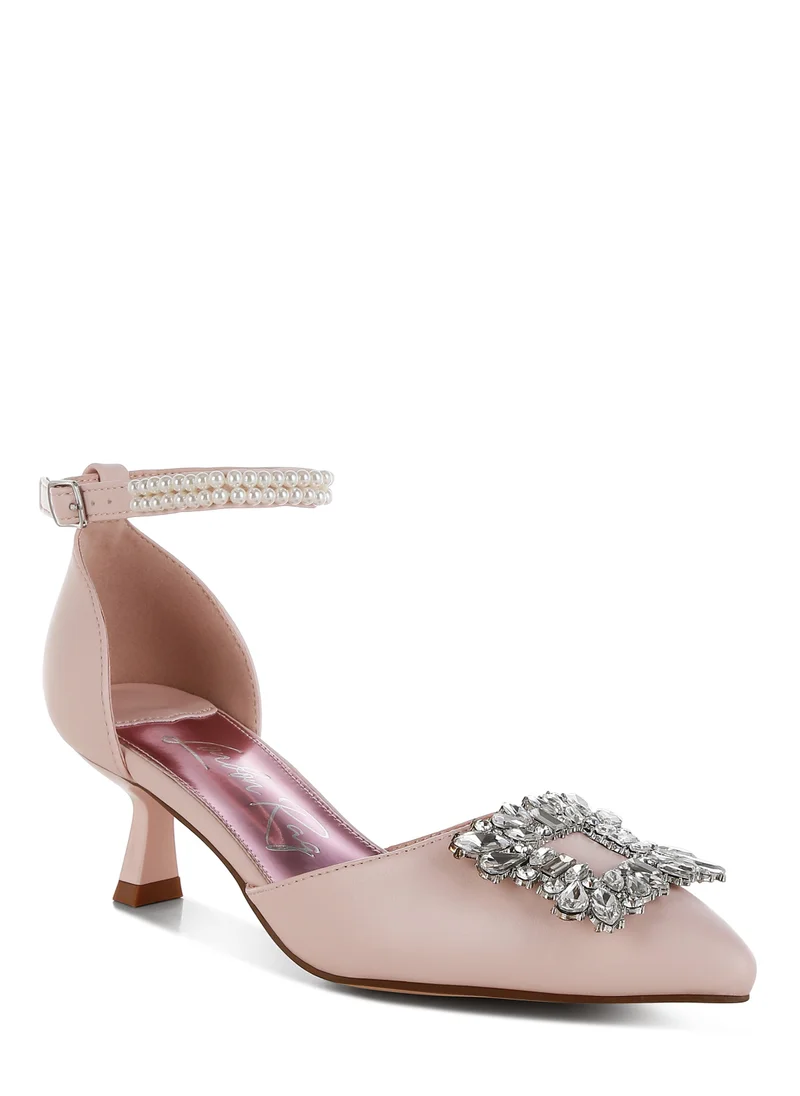 London Rag Diamante Brooch Kitten Heel Sandals in Pink