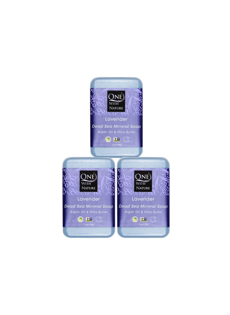 ONE WITH NATURE One With Nature Dead Sea Salt Lavender Soap 4oz Bars 3Pack  Dead Sea Salt Contains Magnesium Sulfur  21 Essential Minerals  Ideal for All Skin  Shea Butter Argan Oil Enriches Natural Fragrance 