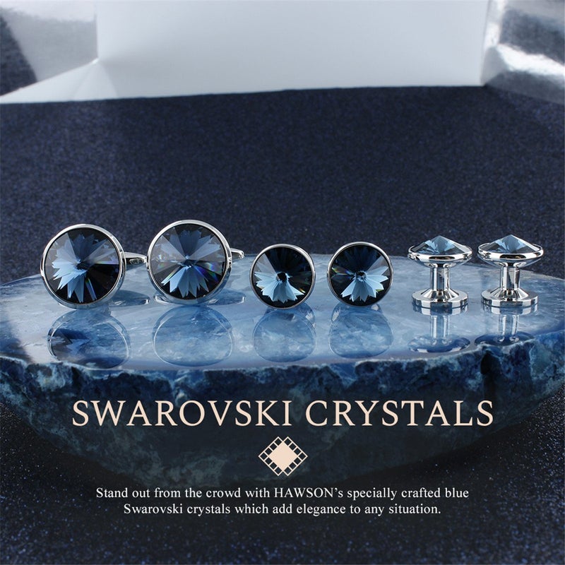 HAWSON Cufflink and Studs Tuxedo Set Silver Color with Austrian Crystals in Dark Blue - Image 2