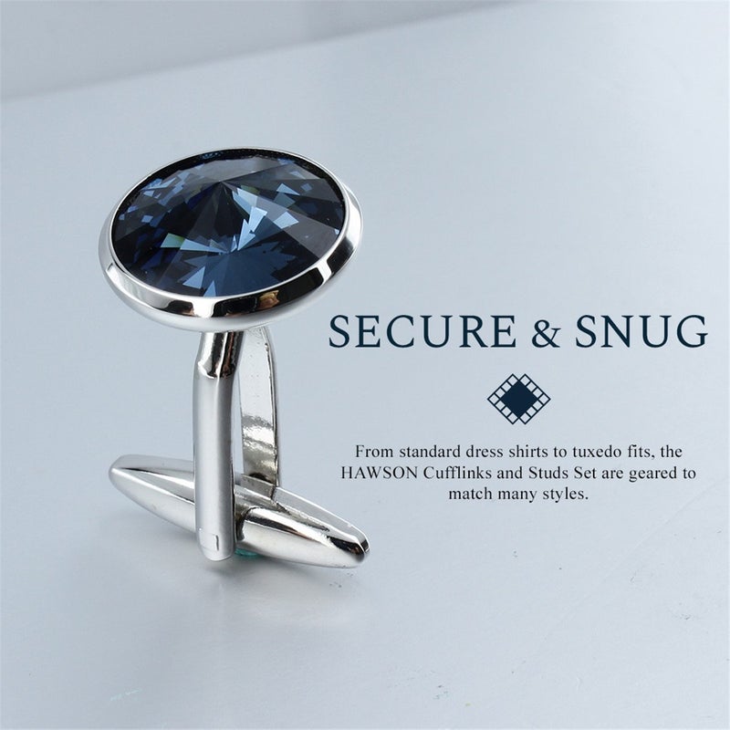 HAWSON Cufflink and Studs Tuxedo Set Silver Color with Austrian Crystals in Dark Blue - Image 5