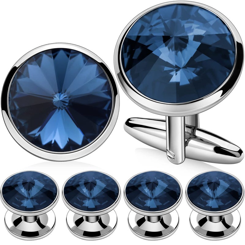 HAWSON Cufflink and Studs Tuxedo Set Silver Color with Austrian Crystals in Dark Blue - Image 1