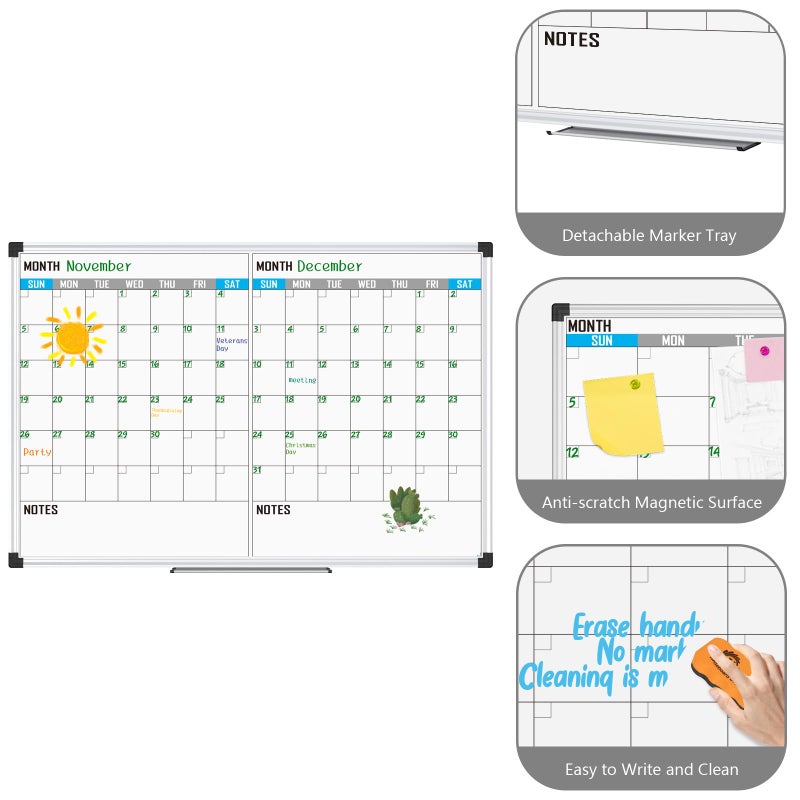 XBoard Magnetic Calendar Whiteboard 48" x 36" - 2 Month Dry Erase Board, White Board + Colorful Calendar Board, Silver Aluminium Framed Monthly Planning Board - Image 3